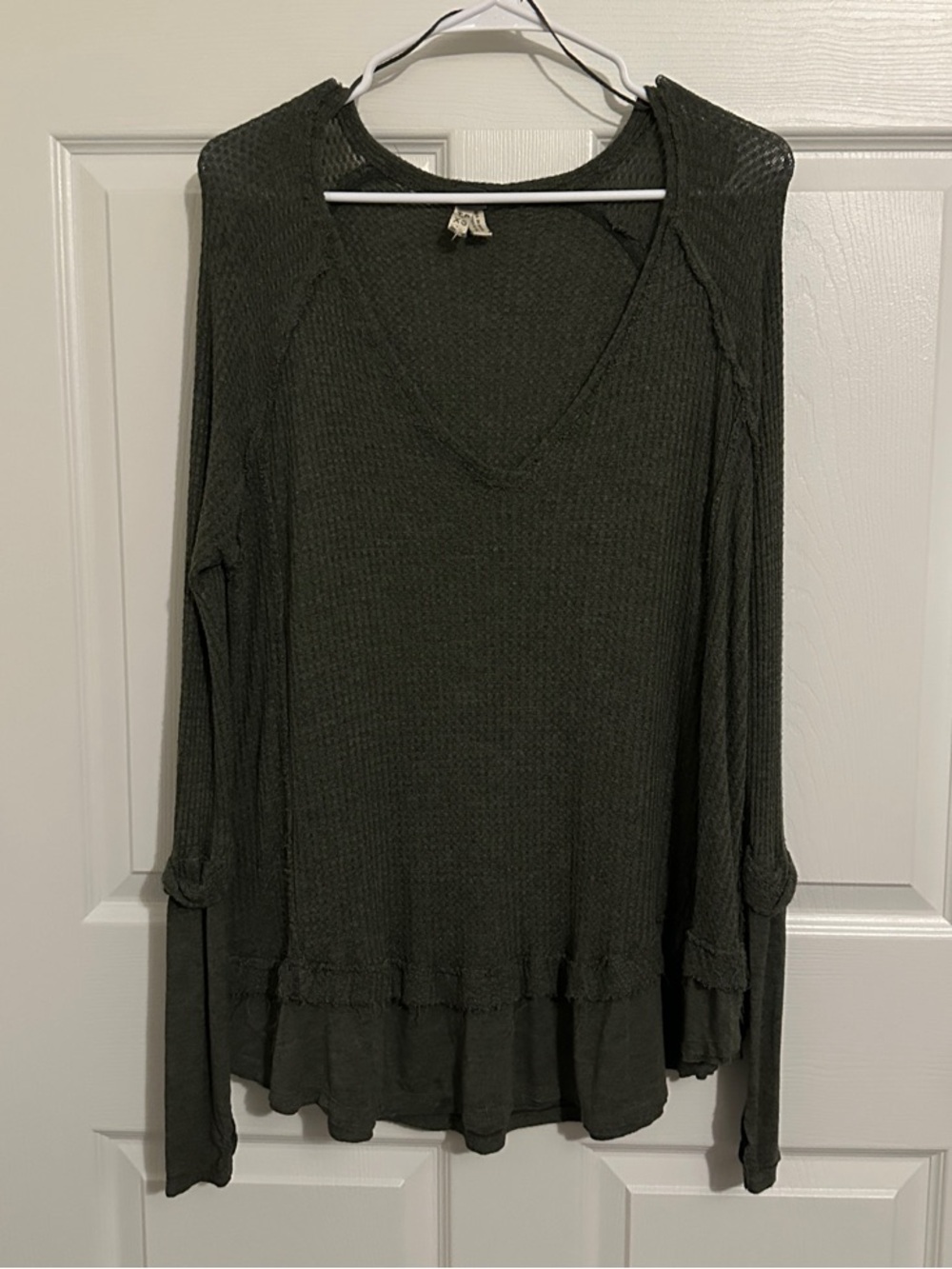 Free People Olive Green V-Neck Ribbed Long Sleeve Top